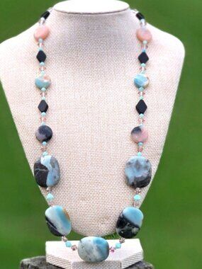 Vintage Chunky Amazonite stone Necklace Natural Gemstone long statement boho